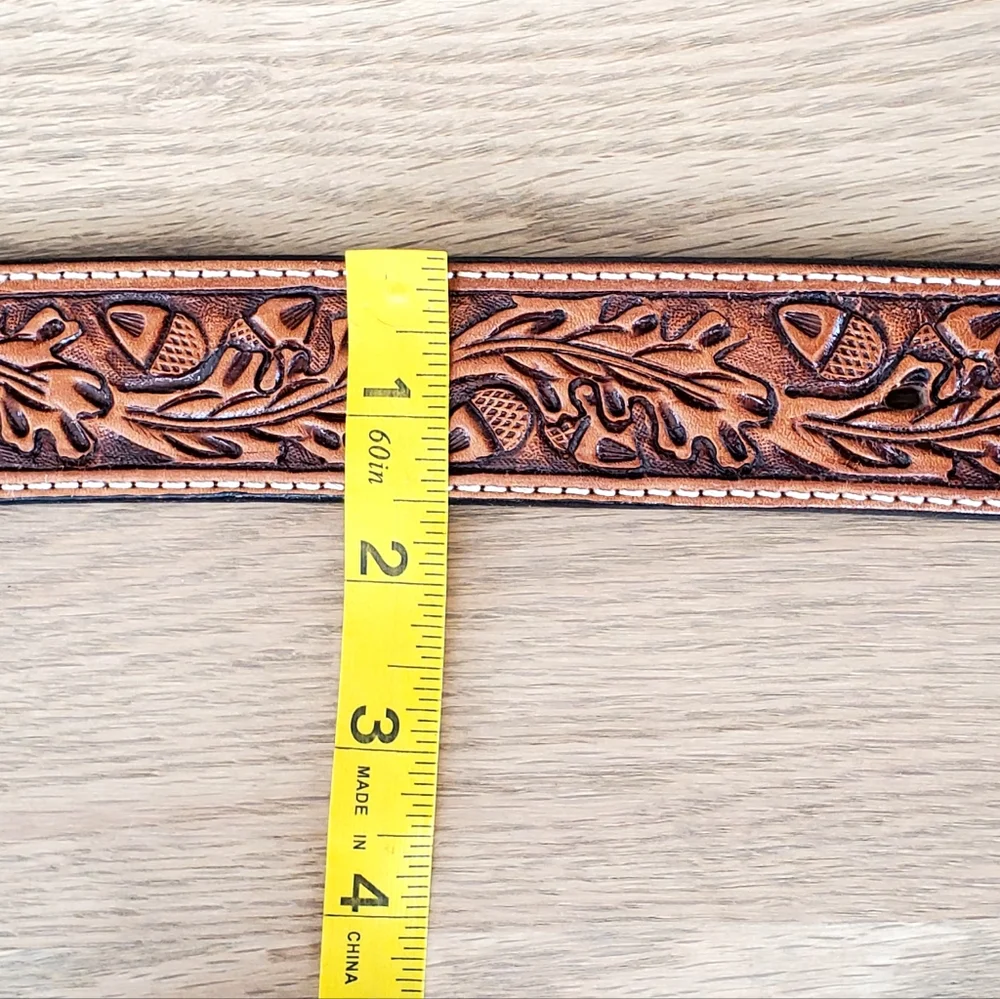Vogt Russet Brown Hand Tooled Acorn/Leaf Leather Belt, 48